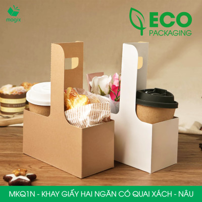 MKQ1N - 17.5x8x9 cm - Combo 60 Khay giấy 2 ngăn quai xách màu nâu siêu chắc, hộp giấy 2 ngăn chống thấm đựng ly nước, hoa và quà tặng