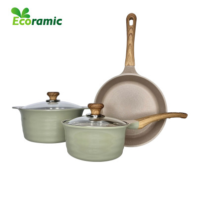 Bộ Nồi Ecoramic Blooming Vân Đá Đáy Từ – Hợp Kim Nhôm Đúc Nguyên Khối – Phủ 5 Lớp Nano Ceramic – Dùng Mọi Loại Bếp (Nồi 24cm, Chảo 24cm, Quánh 18cm)