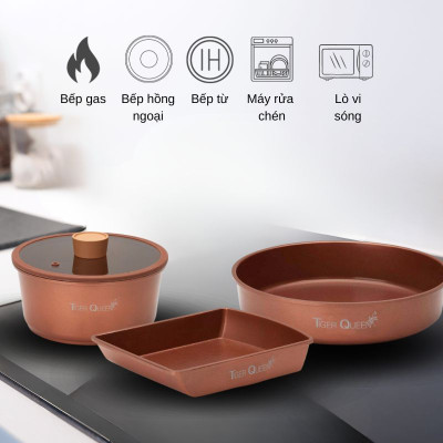 Bộ nồi Ceramic từ tính tay cầm rời Tiger Queen DCWCB-SET [5 món] - Màu nâu chocolate - Chính hãng