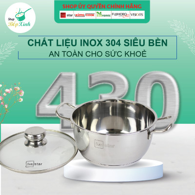 Bộ nồi inox FIVESTAR 6 chiếc nắp kính 3 đáy dùng được bếp từ ,hồng ngoại , gas , tặng 1 vá canh