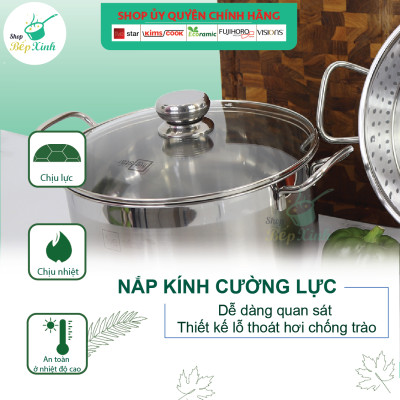 Bộ nồi xửng hấp 3 đáy inox 430 FiveStar Standard nắp kính tặng 1 muỗng canh (24cm /26cm / 28cm /30cm /32cm)