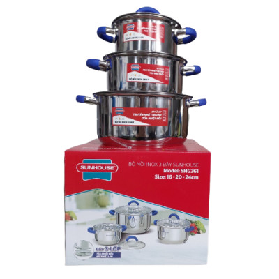 Bộ 3 Nồi Inox 3 Đáy Sunhouse SHG361 - Hàng Chính Hãng