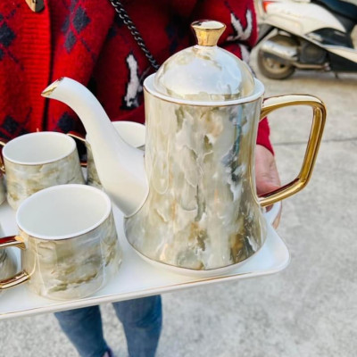 BỘ ẤM CHÉN KÈM KHAY SỨ XƯƠNG CAO CẤP VÂN ĐÁ PHA TRÀ CÀ PHÊ PHONG CÁCH CHÂU