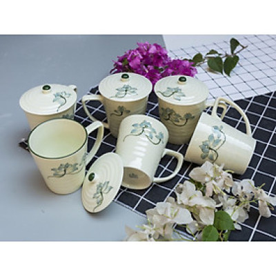 Combo 5 Cốc uống nước có nắp vẽ sen xanh gốm sứ Bát Tràng 