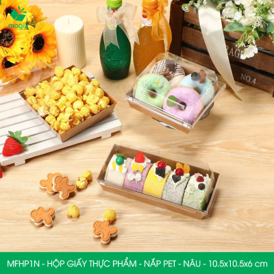 MFHP1N - 10.5x10.5x6 cm - 25 hộp giấy kraft thực phẩm màu nâu nắp Pet, hộp giấy vuông đựng thức ăn, hộp bánh nắp trong