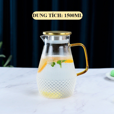 Bình Nước Thủy Tinh Trong Suốt Hình Dạng Kim Cương 1500ml Nắp INOX, Ly 270ml