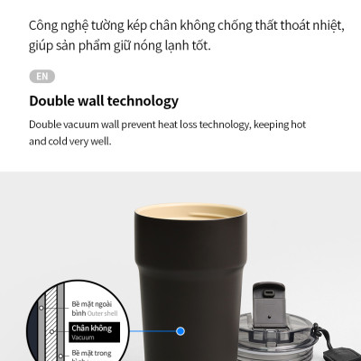 Ly giữ nhiệt 500ml LocknLock LHC4357 Metro Cafe Tumbler, Hàng chính hãng, Thép 304 không gỉ, có dây đeo tay - JoyMall