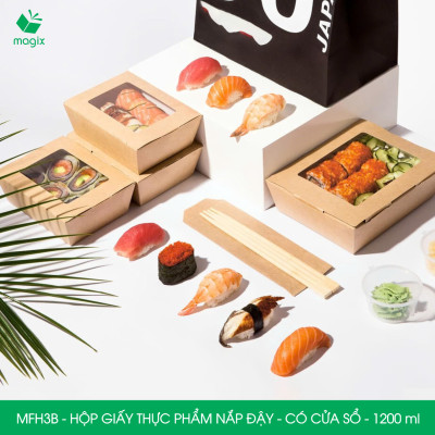 MFH3B - 1200ml - 100 hộp giấy kraft đựng thực phẩm, hộp giấy đựng thức ăn có cửa sổ, hộp đựng cơm