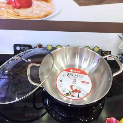 Chảo Inox 304 cao cấp 3 lớp đáy liền Elmich Tri-Max EL-379x size 28/30cm vung kính, hàng chính hãng