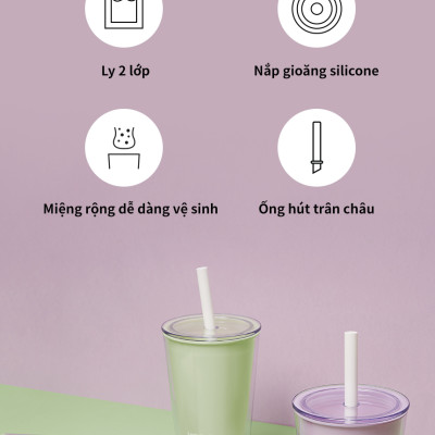 Ly nhựa 2 lớp LocknLock Bubble Tea Cold Cup màu xanh lá HAP529GRN 720ml, Hàng chính hãng, kèm ống hút trân châu - JoyMall