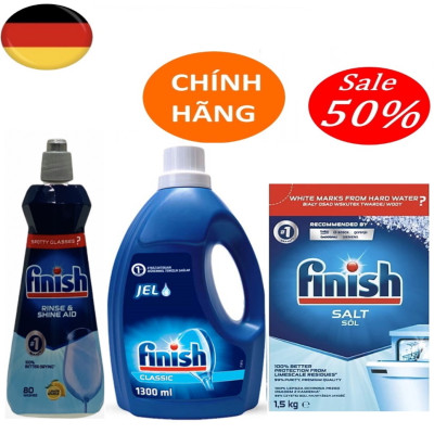 Combo Gel rửa bát Finish Classic 1.3l + Muối rửa bát Finish 1.5kg + Nước làm bóng Finish 400ml dùng cho máy rửa bát chén