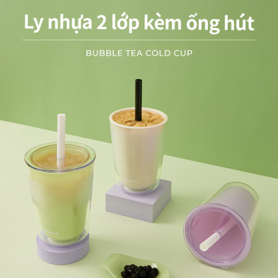 Ly nhựa 2 lớp LocknLock Bubble Tea Cold Cup màu xanh lá HAP529GRN 720ml, Hàng chính hãng, kèm ống hút trân châu - JoyMall