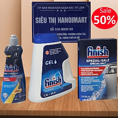 Combo Gel rửa bát Finish Classic 1.3l + Muối rửa bát Finish 1.5kg + Nước làm bóng Finish 400ml dùng cho máy rửa bát chén