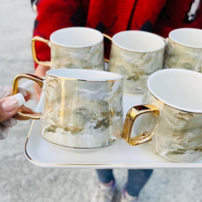 BỘ ẤM CHÉN KÈM KHAY SỨ XƯƠNG CAO CẤP VÂN ĐÁ PHA TRÀ CÀ PHÊ PHONG CÁCH CHÂU