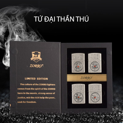 Set 4 Chiếc Vỏ Hột Quẹt Bật Lửa Xăng Đá Zorro Z151 Khắc Họa Tiết Tứ Đại Thần Thú Dũng Mãnh Đính Ngọc Đỏ May Mắn - Nhiều Màu (Không Có Xăng)