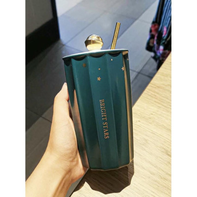 CỐC UỐNG NƯỚC BẰNG SỨ VÂN SỌC KÈM ỐNG MÚT HỢP KIM CAO CẤP