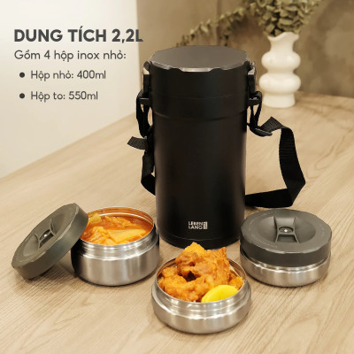 Hộp cơm giữ nhiệt 4 ngăn inox 304 chuẩn Đức LBT856, dung tích 2.2L kèm đũa