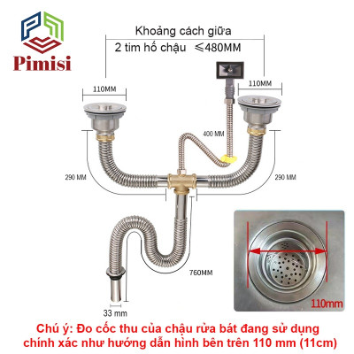 Xi Phông Chậu Rửa Bát 2 Hố Phi 110-140 Inox Cao Cấp Kiểu Chun Uốn - Bẻ Cong, cho Bồn Rửa Chén 2 Hộc Đôi | Chính Hãng