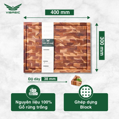 Thớt gỗ Teak kháng khuẩn tự nhiên, bám dính tốt không mùn dăm 40x30x3.8cm thái băm chặt - Chính hãng Bộ Quốc Phòng sản xuất