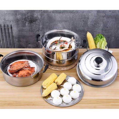 Nồi Hấp Inox 3 Tầng Siêu To Nồi Hấp Bánh Bao Bánh Flan Hấp Thức Ăn 28CM Dùng Cho Cả Bếp Từ Và Bếp Ga Tặng Kèm Xửng Hấp