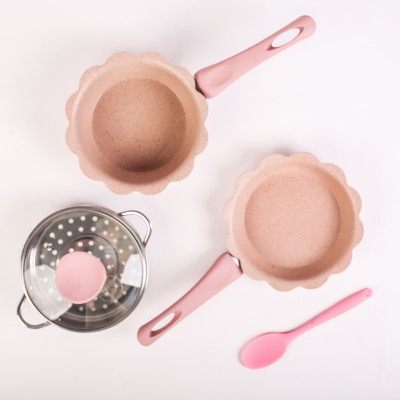 Bộ nồi chảo kèm xưởng hấp nấu ăn dặm cho bé Seka - Bộ nồi chảo 3 món men đá chống dính kèm xửng hấp