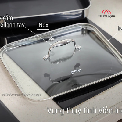 [Hàng chính hãng-iMat hybrid] Chảo vuông đa năng 24cm hai tay cầm iMat Hybrid kèm vung kính  chống dính Ceramic đen