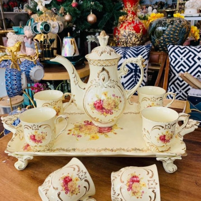 Bộ bình trà sứ phong cách hoàng gia cổ điển màu trắng ngà họa tiết hoa cúc - ANTH603