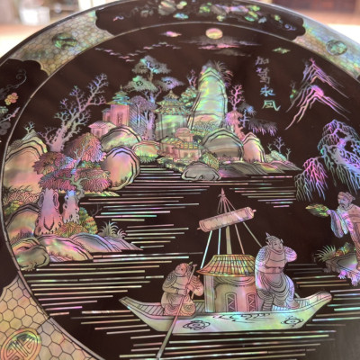 Tráp tròn gỗ gụ đựng bánh kẹo ,trầu cau khảm ốc đỏ singgapore