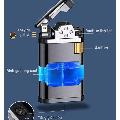 Vỏ Hột Quẹt Bật Lửa Khè Gas AB905 Khò 1 Tia Mạnh Mẽ Thân Vỏ Hột Quẹt Bật Lửa Lộ Thiên Trong Suốt Đèn Led Nhấp Nháy Cực Đẹp-Có Hộp