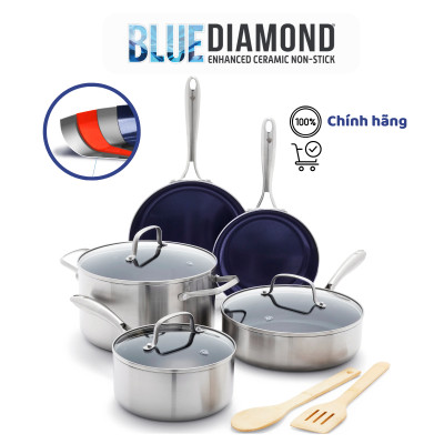 Chảo sâu lòng chống dính thép không gỉ phủ tinh thể kim cương cao cấp Blue Diamond 28cm có nắp kính