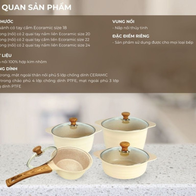 [Tặng nồi chiên không dầu] Bộ 4 Nồi Chảo Chống Dính Đáy Từ Cao Cấp (Nồi 20,24cm, Chảo 20,24cm)