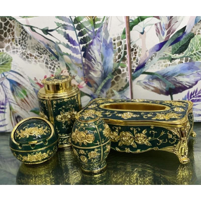 Set 4 sản phẩm hợp kim khảm hoa văn họa tiết cổ | Set tăm, gạt tàn, lọ chè, hộp giấy Hoàng Gia
