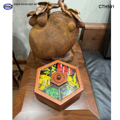Khay Đựng Mứt Tết Bằng Gỗ Hương Nắp Kính Lục Giác Trong Suốt Sang Trọng - CTH591