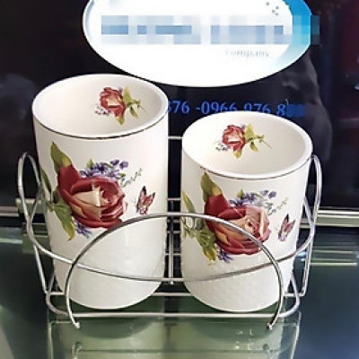 Ống đũa sứ đôi | ỐNG CẮM ĐŨA 2 CÓ THOÁT NƯỚC KHUNG KIM LOẠI | 2 HŨ SỨ ĐỰNG ĐŨA VÂN SẦN CAO CẤP VIỀN VÀNG