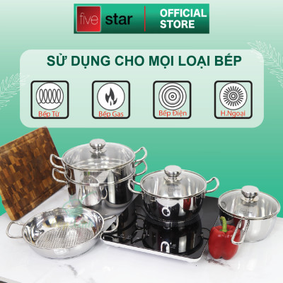 Bộ Nồi Chảo 3 Đáy Từ Inox 430 cao cấp Fivestar Standard 5 món (1 Quánh 18cm, 2 Nồi 20cm-24cm, 1 Chảo 24cm và 1 Xửng 24cm) , tặng 5 muỗng
