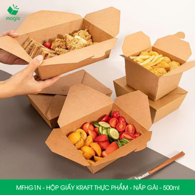MFHG1N - 100 hộp giấy kraft thực phẩm 500ml, hộp giấy nắp gập màu nâu đựng thức ăn, hộp giấy nắp gài gói đồ ăn mang đi 