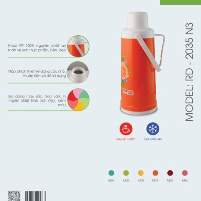 Phích đựng nước nóng cao cấp Rạng Đông model: RD2035N3 (899)- Chính hãng, thân nhựa, vai nhựa, dung tích 2 lít