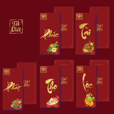 Combo 5 Cái Bao Lì Xì Thiết Kế Chữ Phúc, Tài, Phát, Lộc, Thọ - Tết Việt 2025 Giấy Cứng C150 Siêu Dày Dặn - SBOOKS