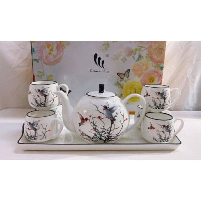 BỘ ẤM CHÉN PHA TRÀ KÈM KHAY SỨ HOA TIẾT HOA ( GIAO NGẪU NHIÊN )
