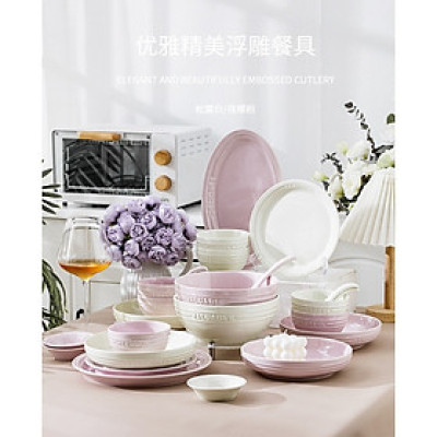 Bộ Bát Đĩa Chén Dĩa Cao Cấp Phong Cách Châu Âu Trắng mix Tím Men Dày Dặn Sáng