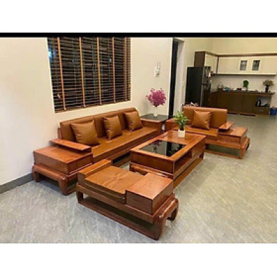 Bộ ghế gỗ sồi nệm da Tundo dày 15 cm kích thước 3m x 2m x 80 cm