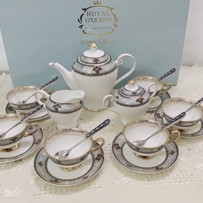 BỘ BÌNH TRÀ CÀ PHÊ SỨ XƯƠNG CAO CẤP TRẮNG VIỀN XANH GHI - VD32