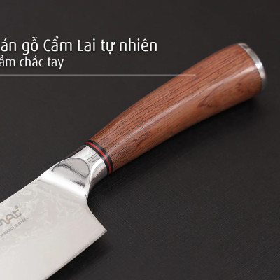 Dao gọt Damascus iMat, lưỡi dài 12cm được làm bằng bằng thép không gỉ 9Cr18, cán gỗ cẩm lai tự nhiên