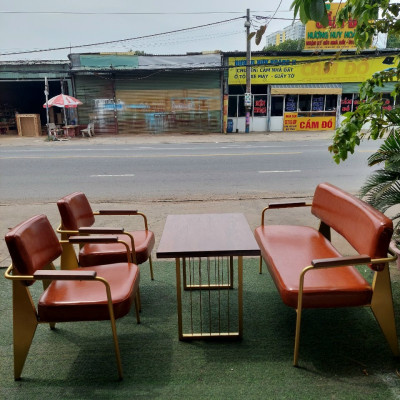 Ghế băng cafe Tundo băng ghế dài 2 ghế đơn và bàn màu cam đất