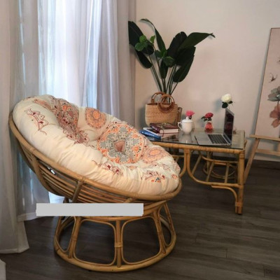 Ghế mặt trăng Papasan mây thật cao cấp Juno Sofa size 1m, Nệm hoa văn Indochine