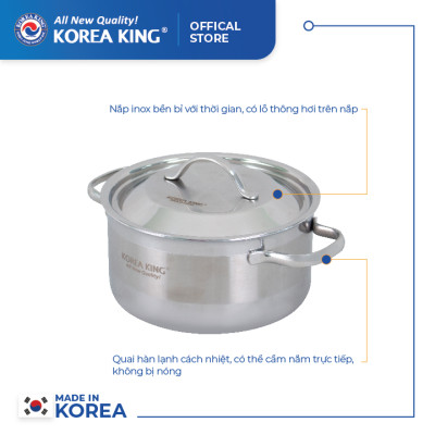 KP-22S5PLY Nồi inox 5 lớp đáy liền Korea King (Nồi, nắp đều bằng inox, đường kính 22cm, dung tích 4L)-Hàng chính hãng