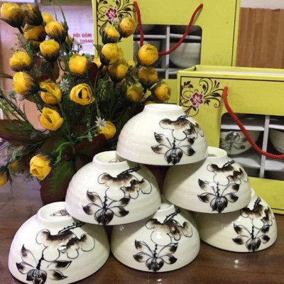 Bộ bát cơm hoa sen đen vẽ tay gốm sứ Gia Hưng Bát Tràng