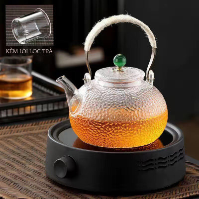 Bình trà thủy tinh Borosilicate vân nhám tay cầm kim loại - Phân loại gồm 700ML lõi lọc lò xo và 900ML lõi lọc thủy tinh