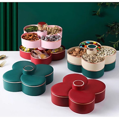 Khay đựng mứt tết Hoa Đào Tết 2 Tầng kèm lọ đựng tăn 2 in 1 - Khay đựng đồ ngày tết: Bánh kẹo, trái cây, đồ sấy...