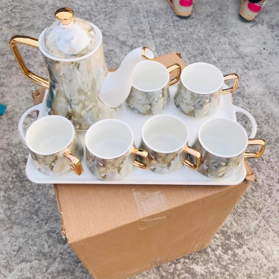 BỘ ẤM CHÉN KÈM KHAY SỨ XƯƠNG CAO CẤP VÂN ĐÁ PHA TRÀ CÀ PHÊ PHONG CÁCH CHÂU